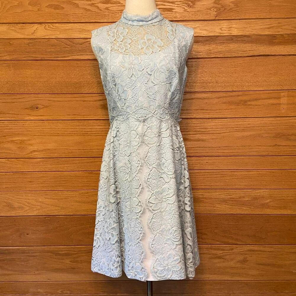 Vintage 1960s blue lace high neck dress